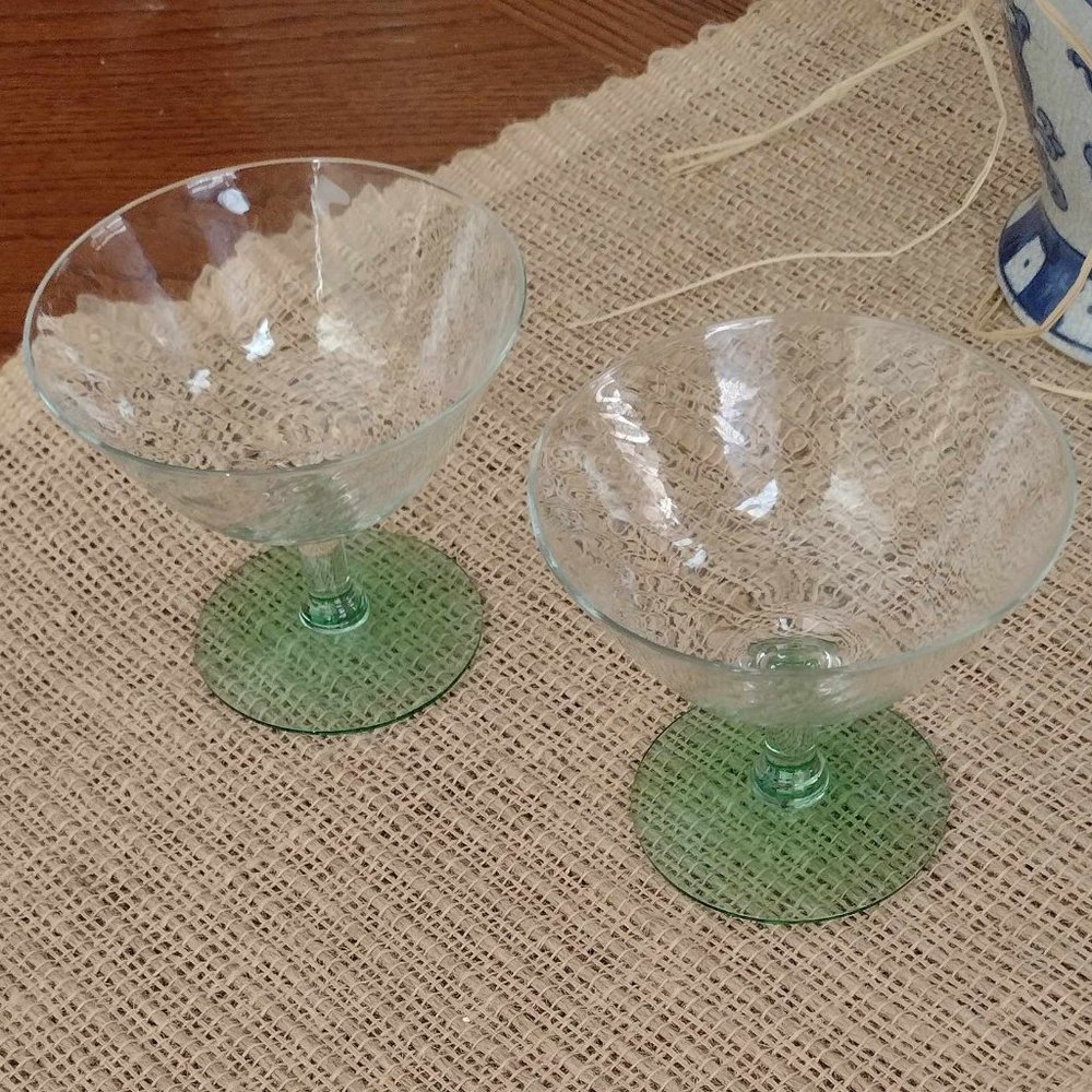 Two Vintage Twist (swirl) pattern green Uranium stemware footed glasses